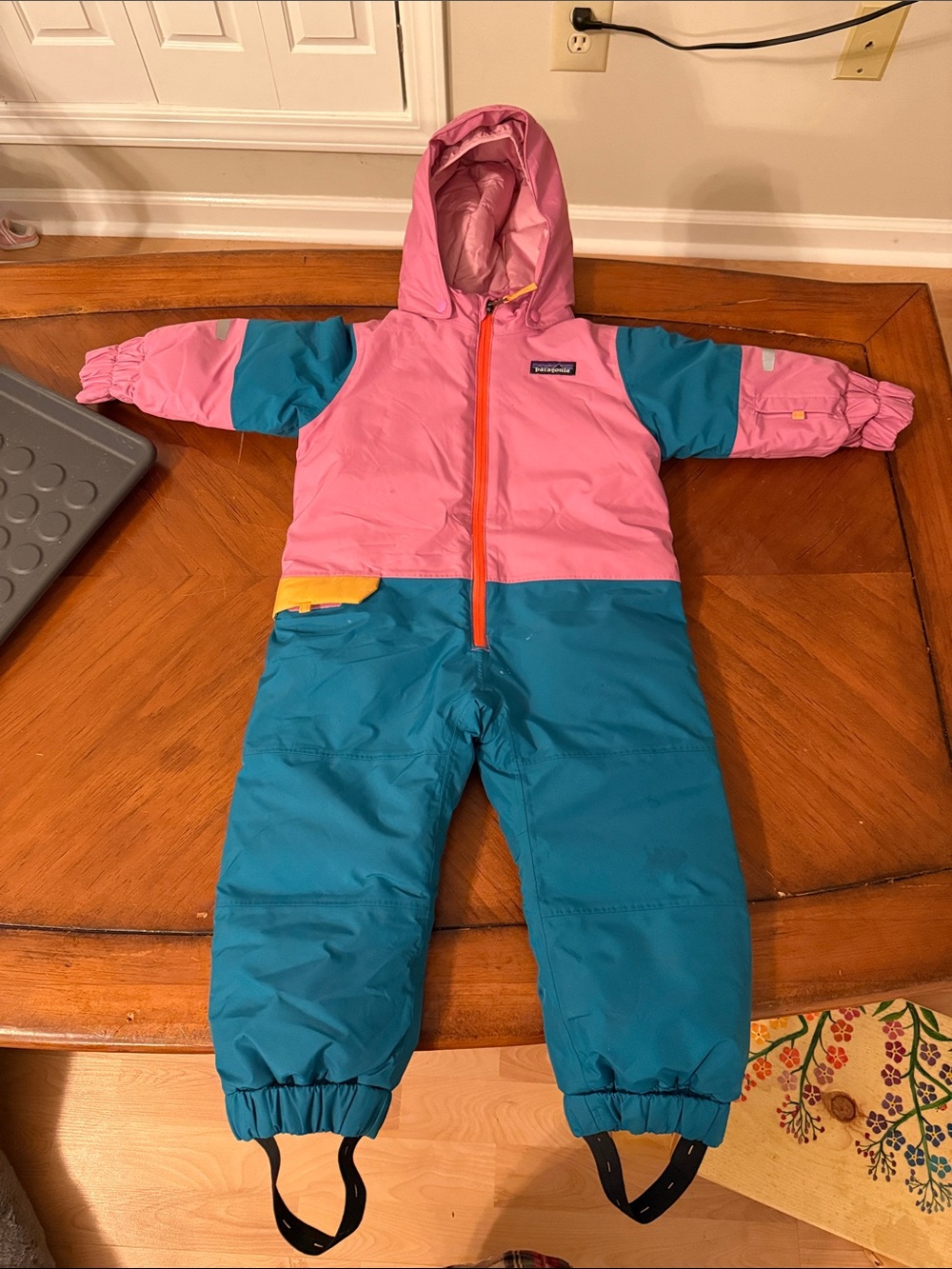 Patagonia Pink & Teal Kids Colorblock Snowsuit with Yellow Accent